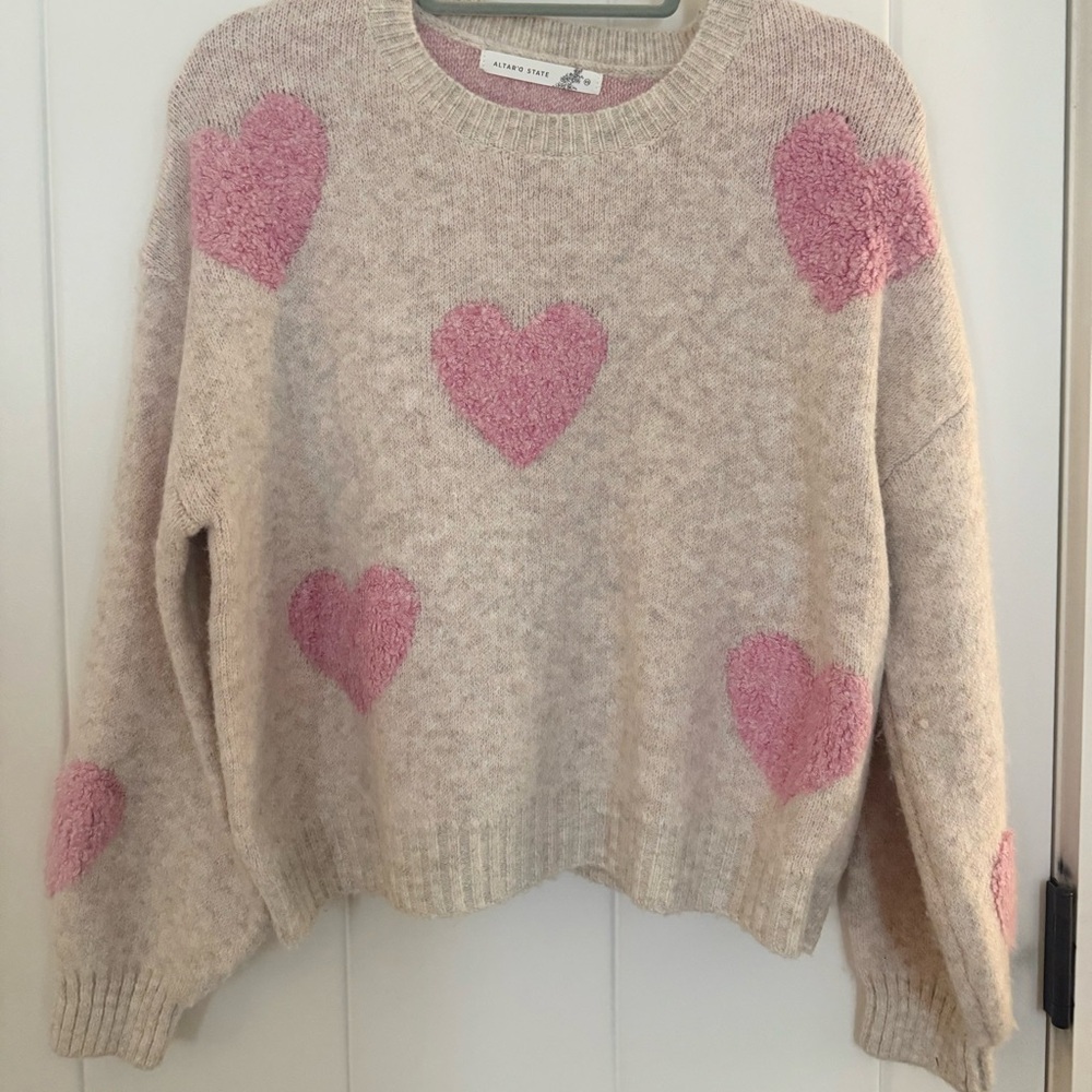 Altar’s State Beige Sweater with Pink Hearts. Never worn